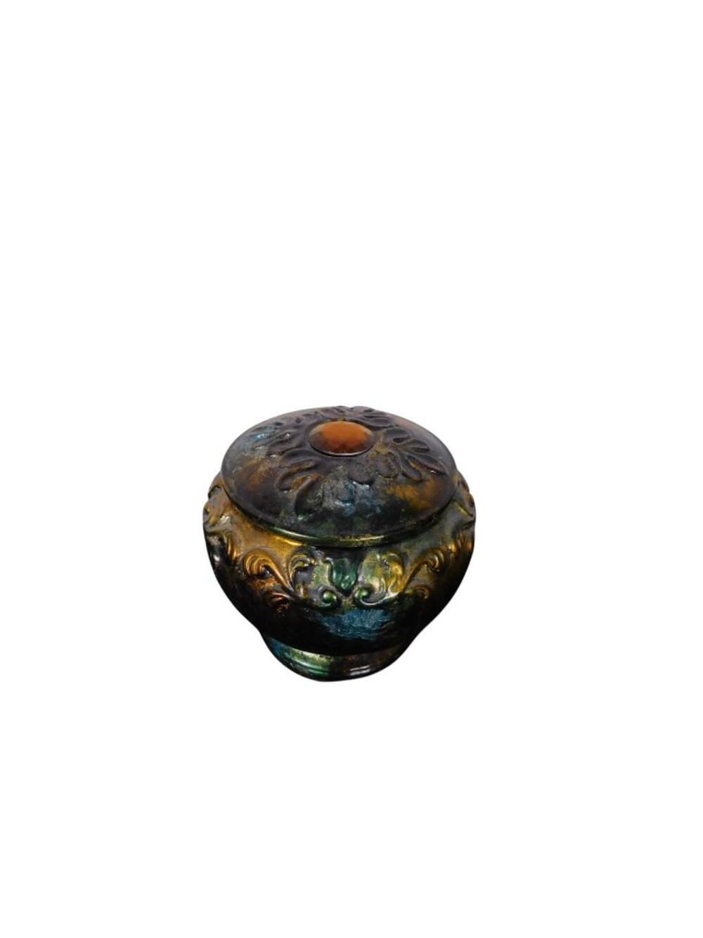 Vintage Iridescent Ceramic Trinket Box With Lid & Amber Glass Accent 20cm Diamet
